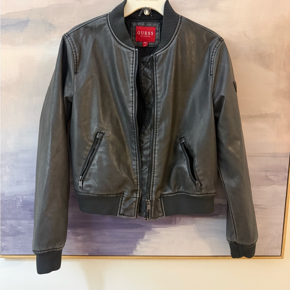 GUESS Womens Charcoal Gray Faux Leather and Knit Moto Jacket